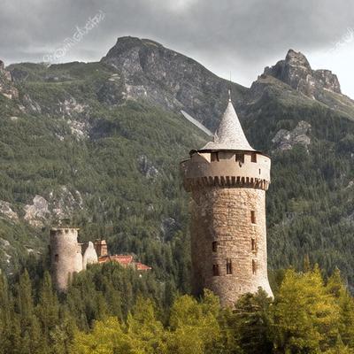 The primary subject of the image is a large, old stone tower with a pointed roof, situated in a lush green forest. The tower is surrounded by trees and mountains, creating a picturesque and serene setting. The visual style of the image is a photo, capturing the natural beauty of the landscape and the architectural details of the tower. The colors and mood of the image are predominantly green, with the lush forest and the stone tower adding a sense of tranquility and timelessness to the scene.